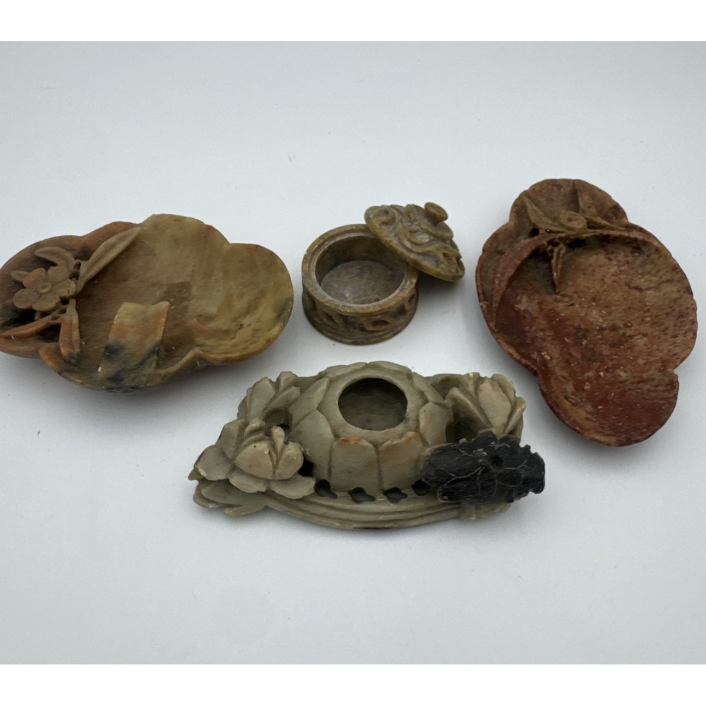 Lot of Four‎ (4) Small Vintage Soapstone Motifs - Trinket Box Ashtray Inkwell